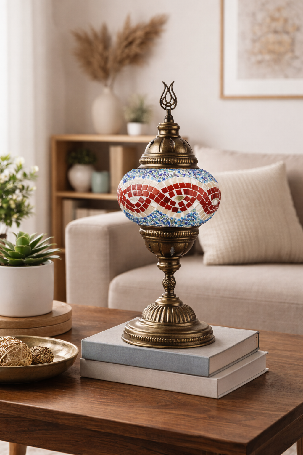 Turkish Mosaic Lamp: Multicolor w/Red Waves