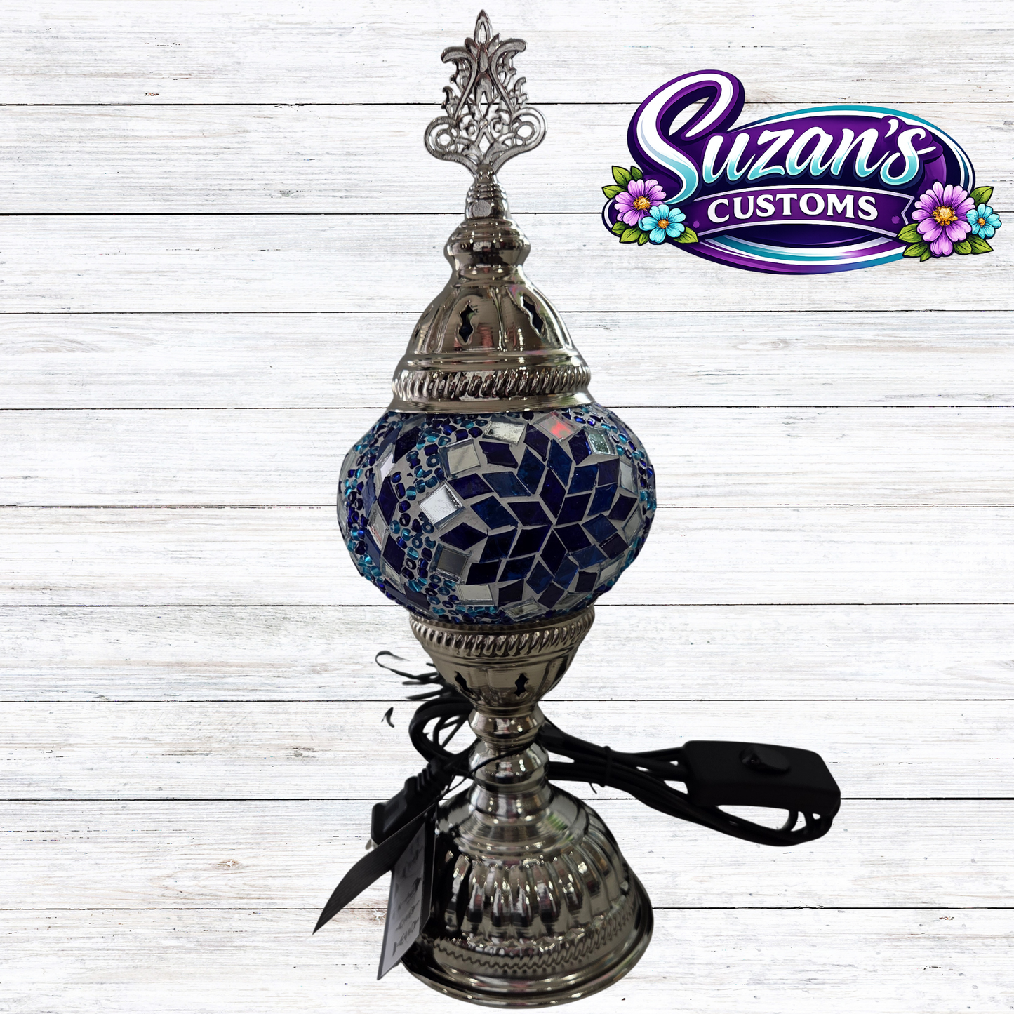 3" MOSAIC SHADE LAMP: Blue glass, Silver metal