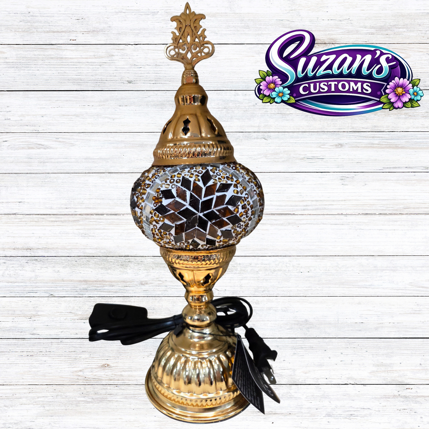 3" MOSAIC SHADE LAMP: Brown glass, Gold metal
