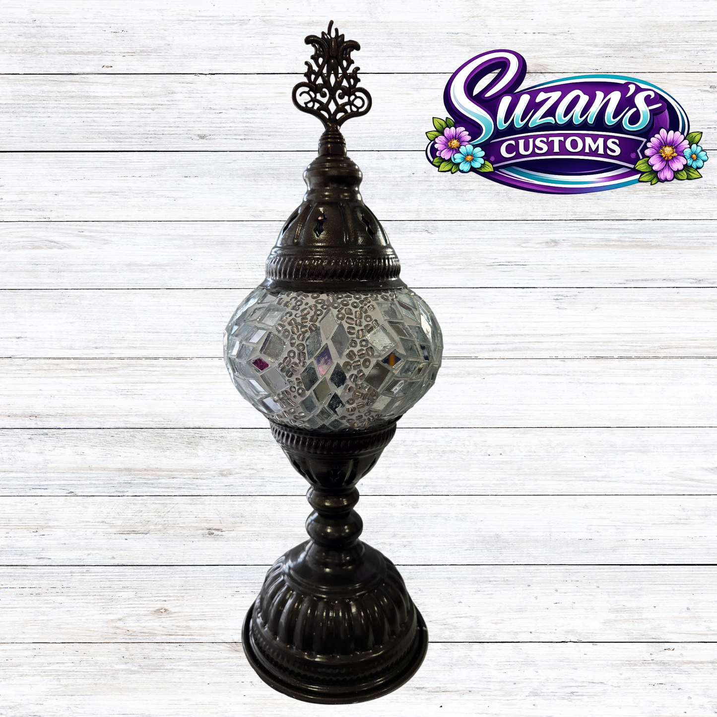 3" MOSAIC SHADE LAMP: White glass, Dark Bronze metal