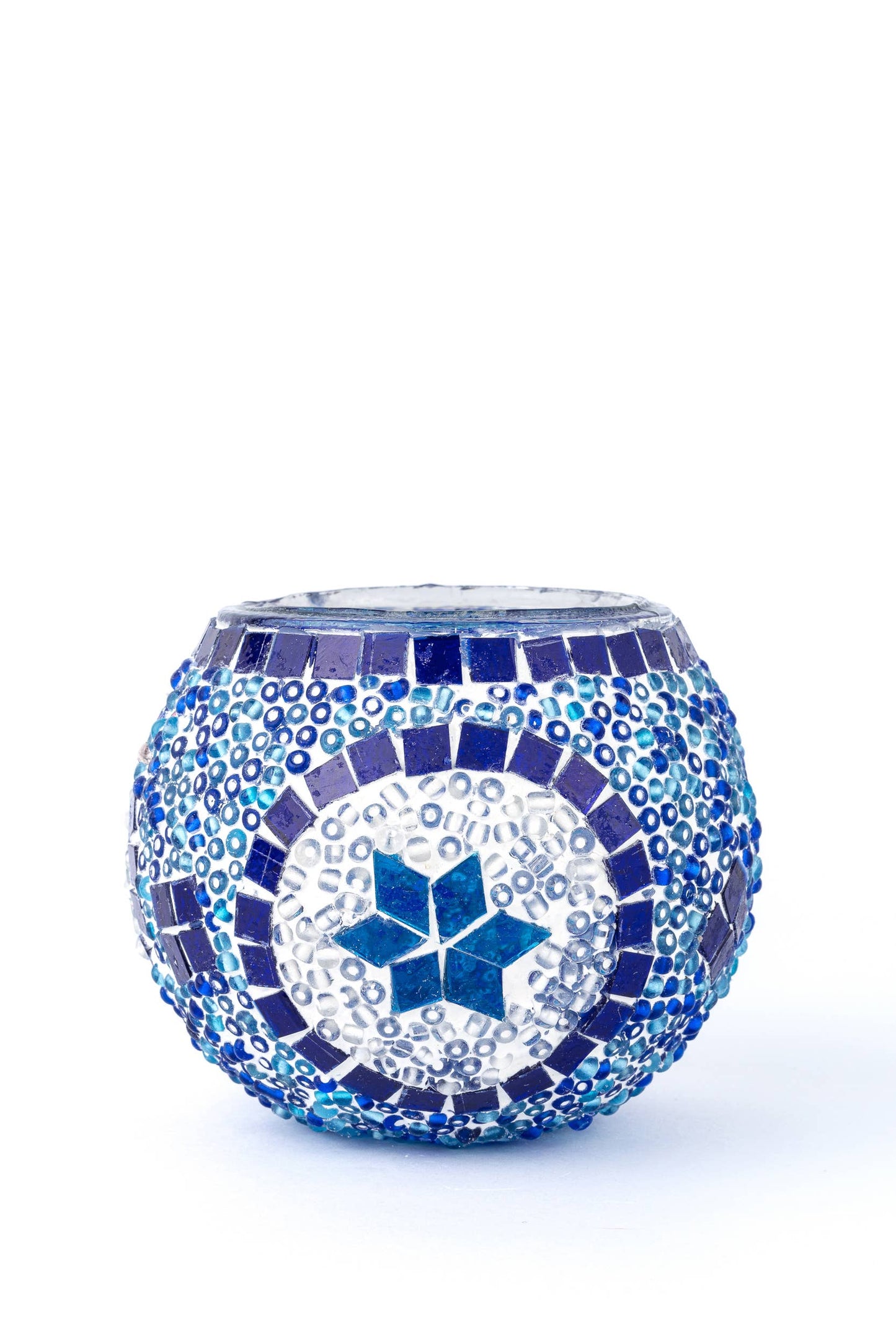 Mosaic Glass Candle Holder: Blue Center Circle w/Star